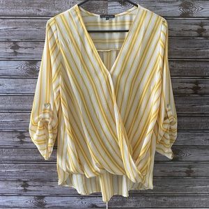 West Kei Yellow and White Striped Surplice Blouse